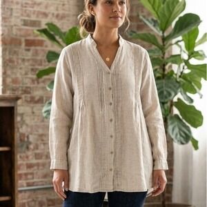 Yuvita 100% Linen Pintuck Pleated Tunic Shirt Oatmeal Beige XL Flax Belarus